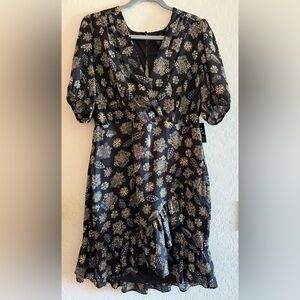 Express, large, black with yellow flowers, faux wrap dress
